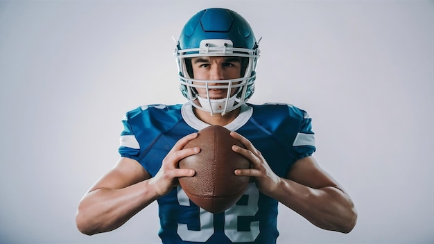 Football player holding a ball with white background