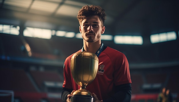 Football player holding trophy on platform