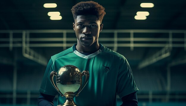 Football player holding trophy on platform