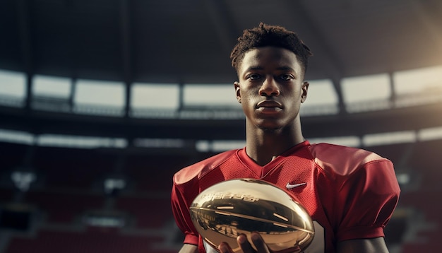 Photo football player holding trophy on platform