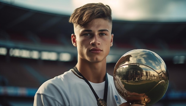 Football player holding trophy on platform