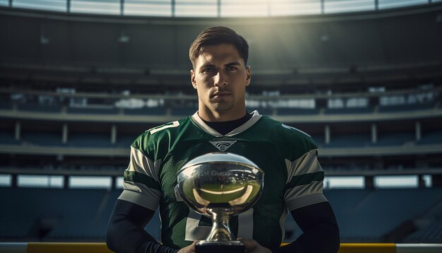 Photo football player holding trophy on platform