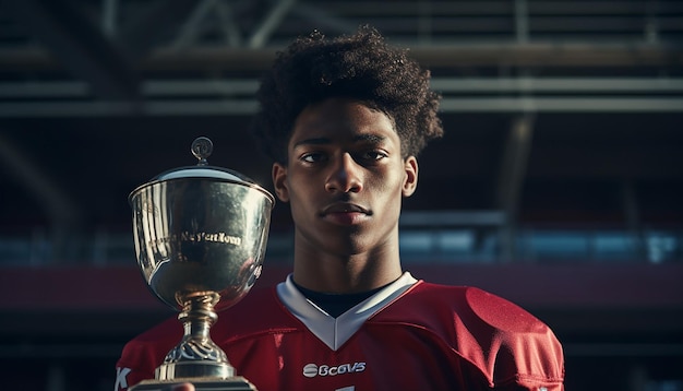 Football player holding trophy on platform