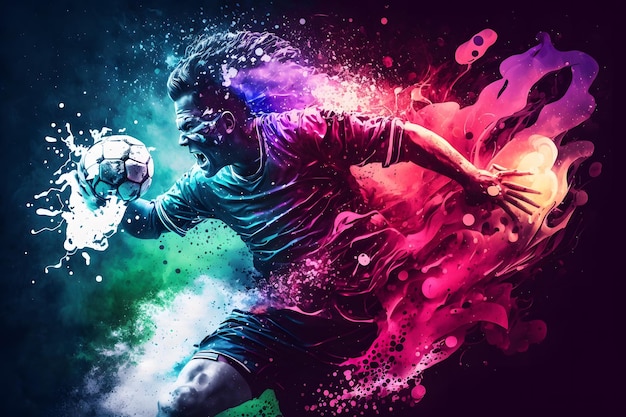 Football player kicks the ball against the background of multicolored abstraction Neural network AI generated