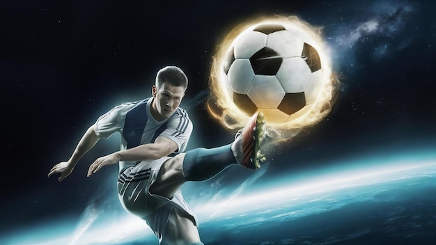 Football player kicks the soccer ball into space