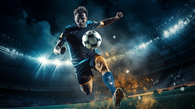 Football player running aiming soccer ball during match on stadium with motion effect. Concept of sport. Generative AI