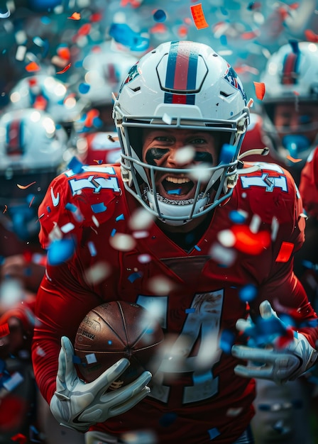 Photo football player running with the ball and confetti