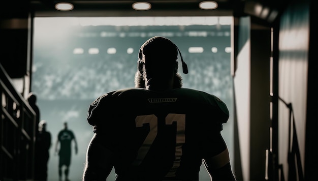 Photo a football player stands in front of a stadium full of people.