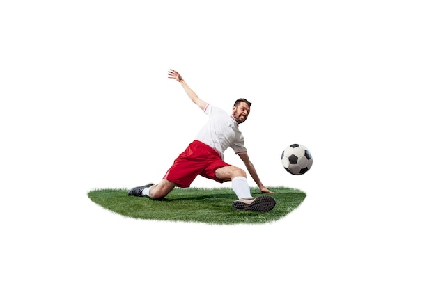 Football player tackling for the ball over white background