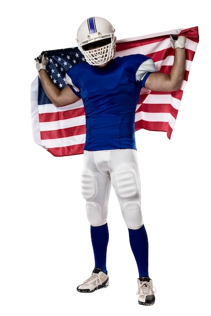 Football Player with a blue uniform and a american flag, on a white wall