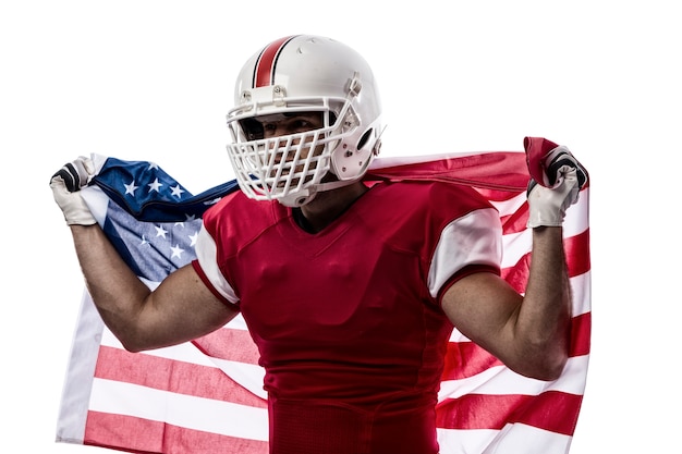 Football Player with a red uniform and a american flag, on white