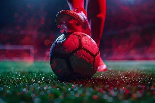 A football players leg on the ball in a stadium