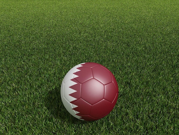 Football in Qatar flag on green grass 3d rendering