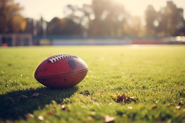 Football resting on lush green field