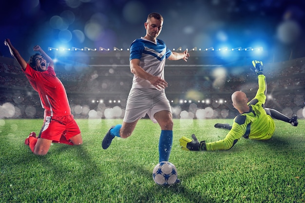 Photo football scene with competing football players at the stadium