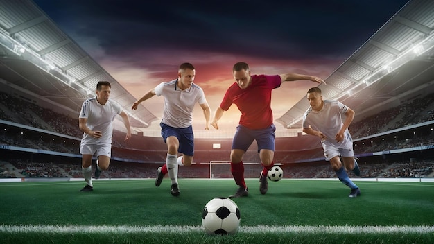 Football scene with competing soccer players at the stadium