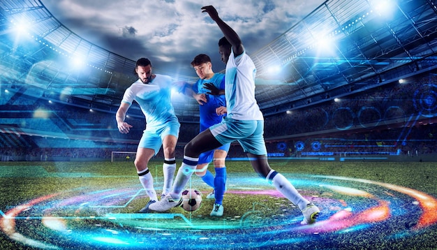 Photo football scene with soccer players at the stadium with technology analysis