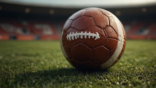 a football sits on a field with the sun behind it