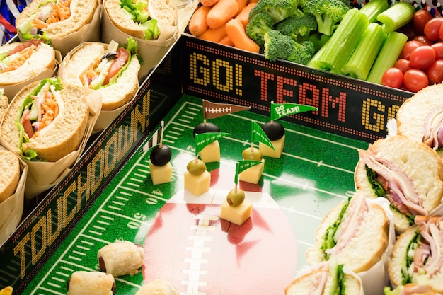 Football Snack Stadium filled with sub sandwiches, veggies and chips.