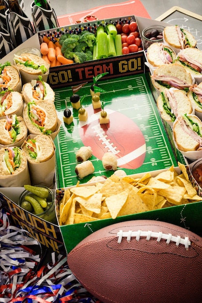 Football Snack Stadium gevuld met sub sandwiches, veggies en chips.