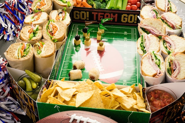 Football snack stadium gevuld met sub sandwiches, veggies en chips.