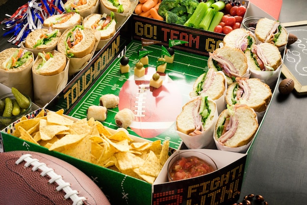 Football Snack Stadium gevuld met sub sandwiches, veggies en chips.