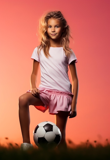 football soccer athletic kid girl Girl player in sports wear dreamer pose studio shooting