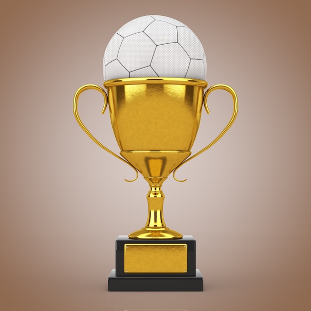 Football Soccer Award Concept. Golden Award Trophy with White Leather Football Soccer Ball on a brown background. 3d Rendering