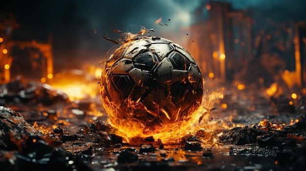 Football soccer ball fire flame on the stadium background mixed mediagenerative ai