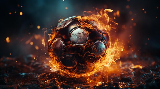 Football soccer ball fire flame on the stadium background mixed mediagenerative ai