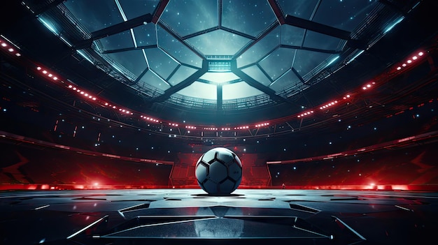 Football soccer ball on modern style sport arena with glass roof audience and red flashlights ai