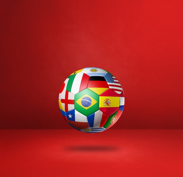 Football soccer ball with national flags isolated on a red studio background. 3D illustration