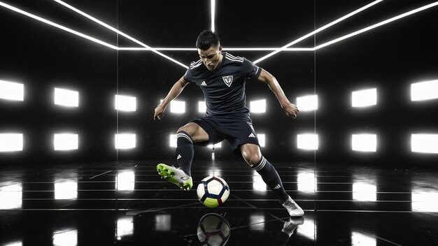 Photo football or soccer player on black studio