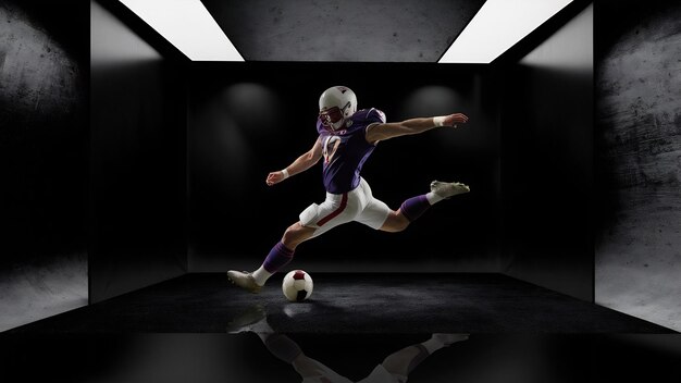 Football or soccer player on black studio