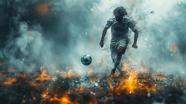 Photo football soccer player is kicking a soccer ball