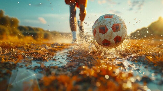 Foto un giocatore di calcio sta calciando una palla da calcio