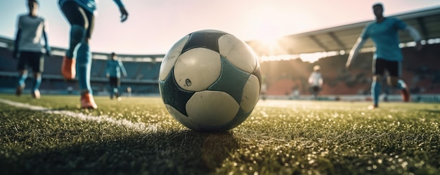 Football or soccer player playing with the ball in stadium Generative AI