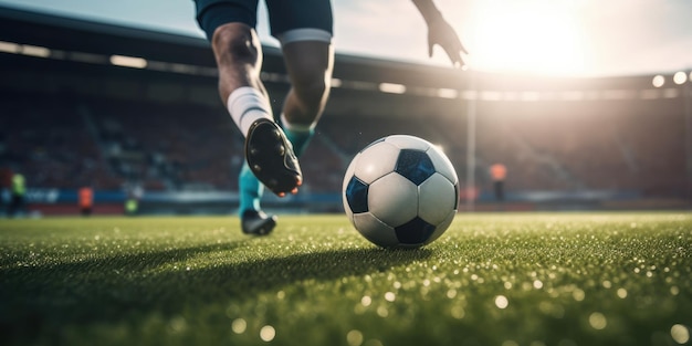 Football or soccer player playing with the ball in stadium Generative AI