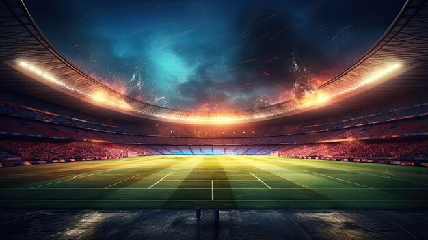 Photo a football stadium lights up the night sky as the green pitch gleams under the floodlights setting the stage for an exciting match