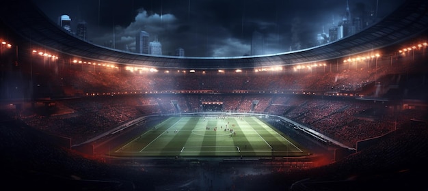 밤 에 축구 경기장 상상적 인 경기장 이 모델링 되고 렌더링 된다