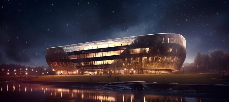 Photo football stadium at night an imaginary stadium is modelled and rendered