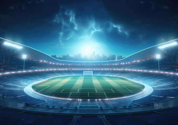 Football stadium at night soccer stadium with ongoing game at night Drone view AI Generative