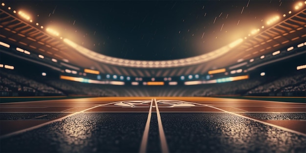 Football stadium on rainy night Tilt shift defocused photo of soccer stadium background