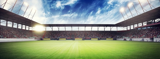 Football stadium, shiny lights, view from field. Soccer concept