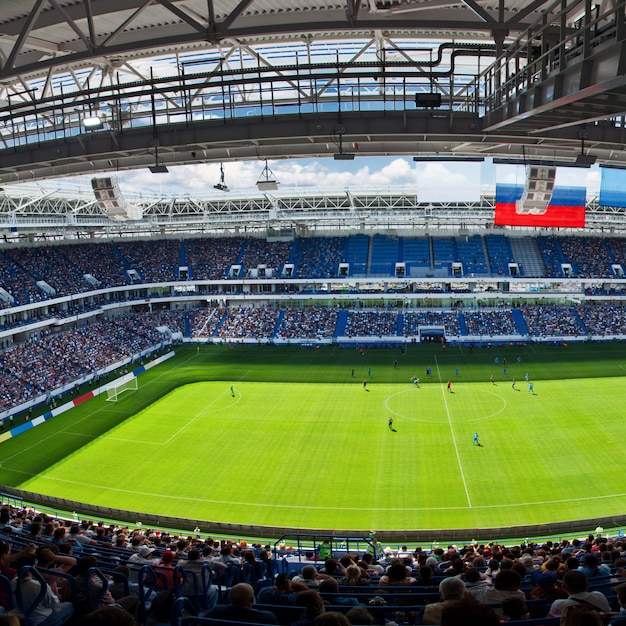 Football stadium, shiny lights, view from field. soccer\
concept