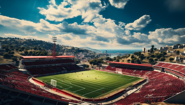 Football stadium with a game going on Open air stadium under the beautiful blue cloudy sky Top view