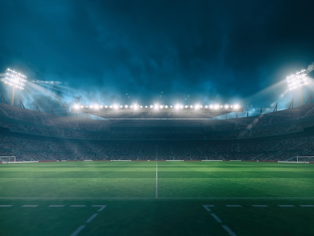 Foto stadio di calcio con le tribune piene di tifosi in attesa della partita notturna