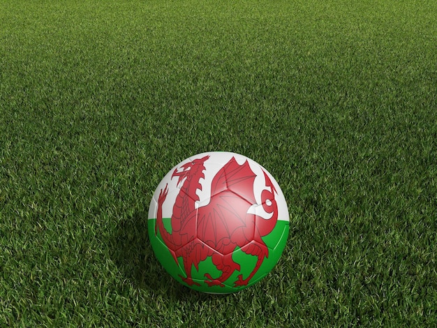 Football in Wales flag on green grass 3d rendering