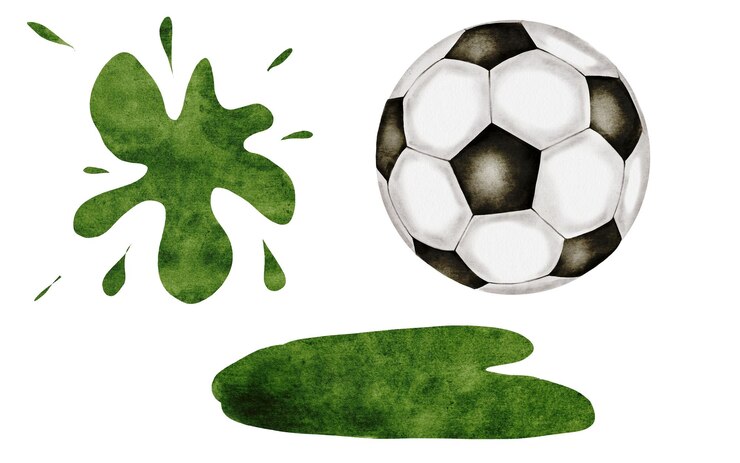 Photo フットボール アクアカラーセット サッカーボール 草 緑色の斑点 白い背景に理想的