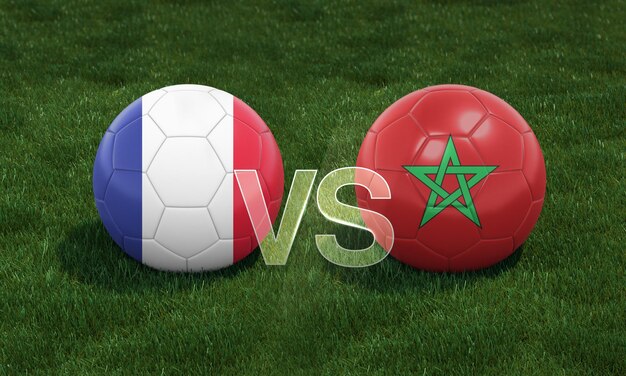 Football with France vs Morocco 3D ball soccer flags on green football field